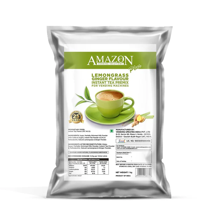 AMAZON Plus 3-in-1 Lemongrass Ginger  Tea Premix | Suitable for Vending Machines and Manual Use- Just Add Hot Water